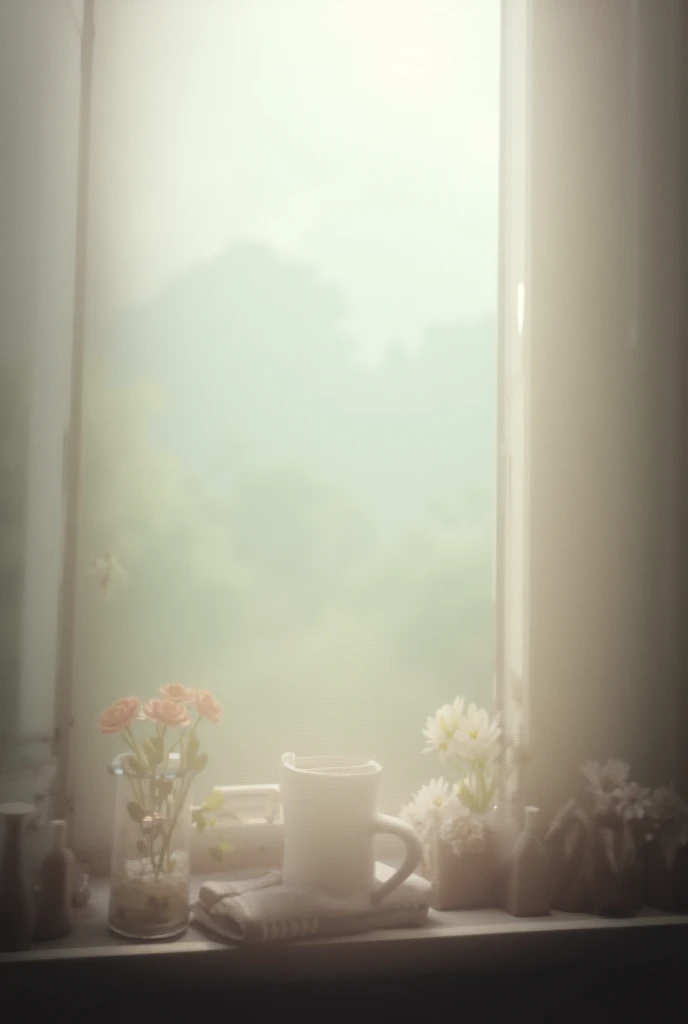 A  window sill with a teacup, a small vase, and other decorative items, with a blurred outdoor view visible through the window