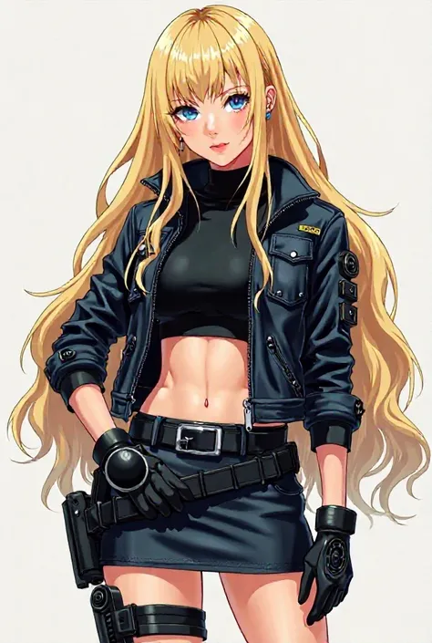 drawing in the style of Ghost in The Shell 2015, colorful, blonde with long hair and bangs on her forehead, young special agent wearing a tight black top and skirt, leather jacket and futuristic tactical accessories, soft dark colors