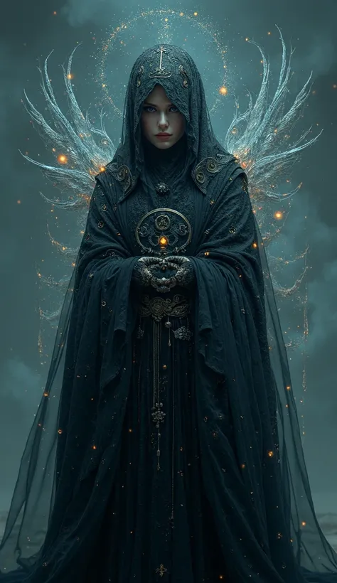 create a hyperrealistic 3D ,  38 k Ashtoreth personifies the duality between desire and forbidden wisdom . Her garments flow like cosmic fog ,  adorned by arcane symbols that shine intermittently . in the hands,  she carries an enigmatic object — an artifa...