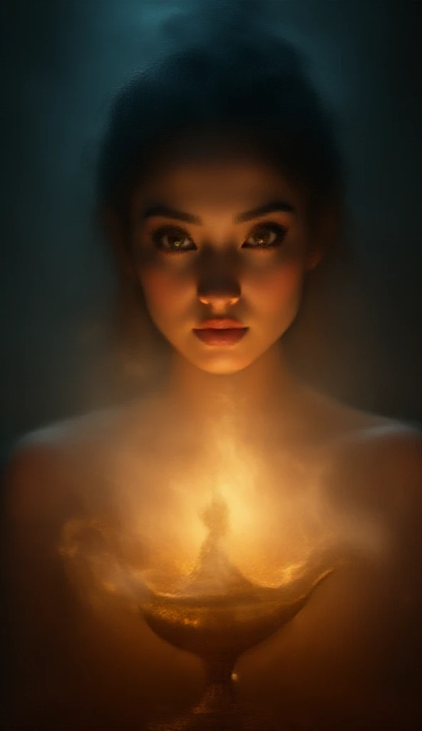 a gorgeous genie emerging from an oil lamp in a puff of smoke, beautiful detailed face and eyes, long eyelashes, ornate golden lamp, dramatic lighting, cinematic composition, highly detailed, intricate details, photorealistic, 8k, HDR, dramatic lighting, w...