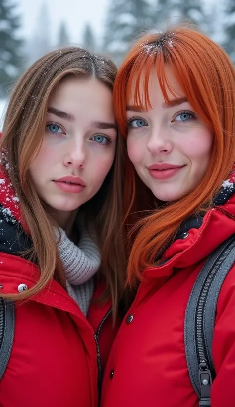 Young man couple blue eyes, delgado, curvy and fat, perfect breasts, dressed in a red winter overalls. snow.  selfie. with two women, one with brown hair and the other with a red head. No blue eyes. have fun