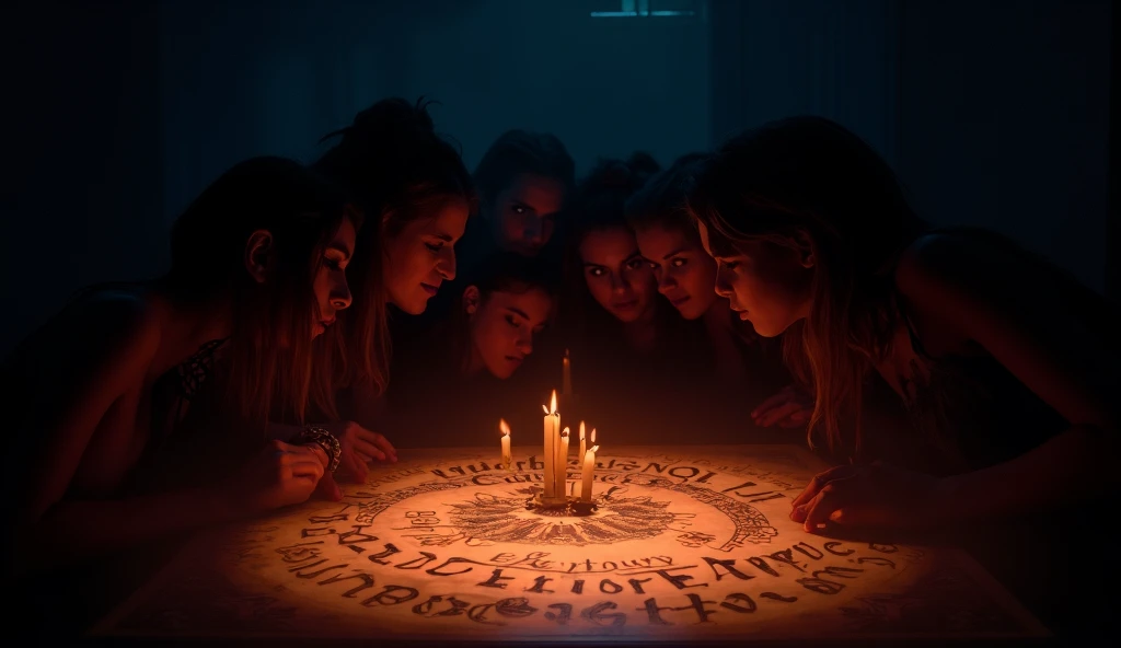  friends playing ouija indoors at night by candlelight, dark environment and tense atmosphere 