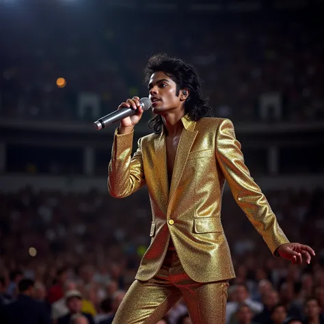  Beautiful man named Michael Jackson 50 years old , dark skinned,  black eyes , short straight black hair ,  he wears a costume all worked in glitter , Hes holding a microphone close to his mouth,  he is standing in front of the public at the Morumbi stadi...