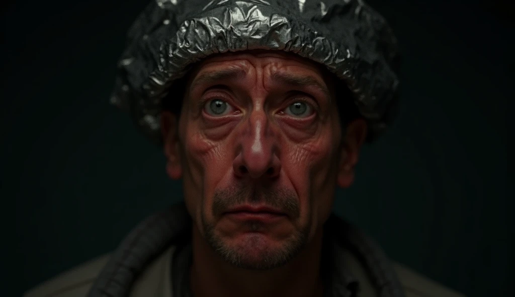 crazy man, full-face, full-length, foil hat on his head, beautiful realistic light, detailed, professional photo, cinematics, cinema, 4k, 8k,