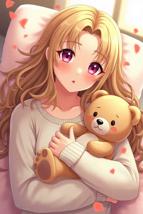 1girl, korean woman, chubby, blonde hair, sweater, pillow, lips, solo, teddy_bear,  wavy detailed hair, long hair, sunshine, (beautiful detailed makeup), (sexually aroused blushing heavy breating),  floral theme flower petals scattered,