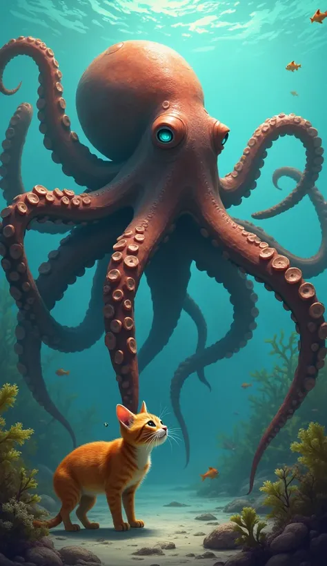 The giant octopus tries to catch Milo an orange furry cat with sharp eyes and full of curiosity with one of its tentacles. 