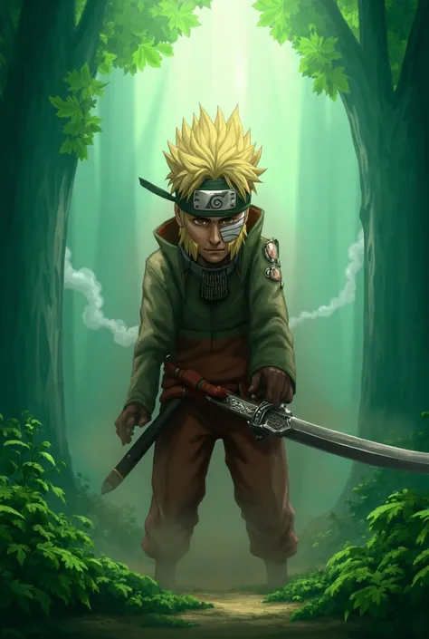 Naruto with a super serious patch with a sword and a forest in the background