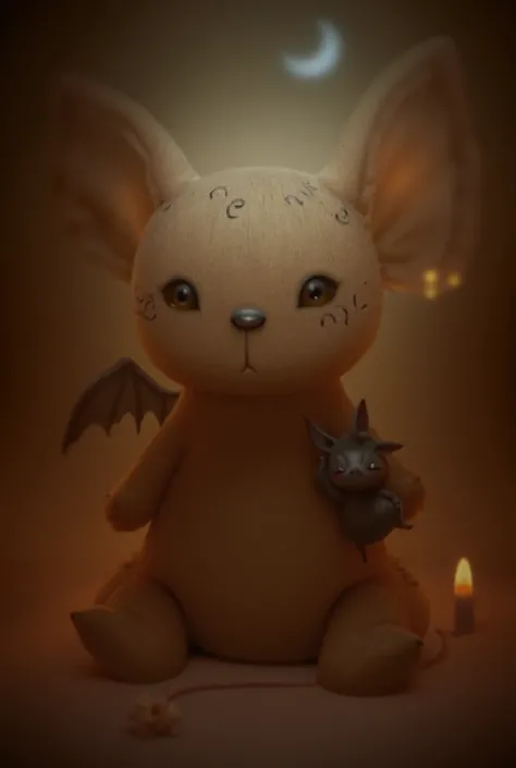 A cuddly half-vampire human stuffed animal with a small bat next to it