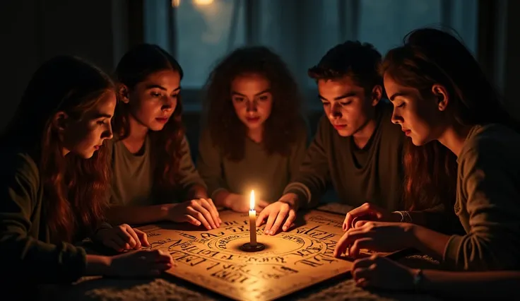 Young people playing Ouija board at night in the dark