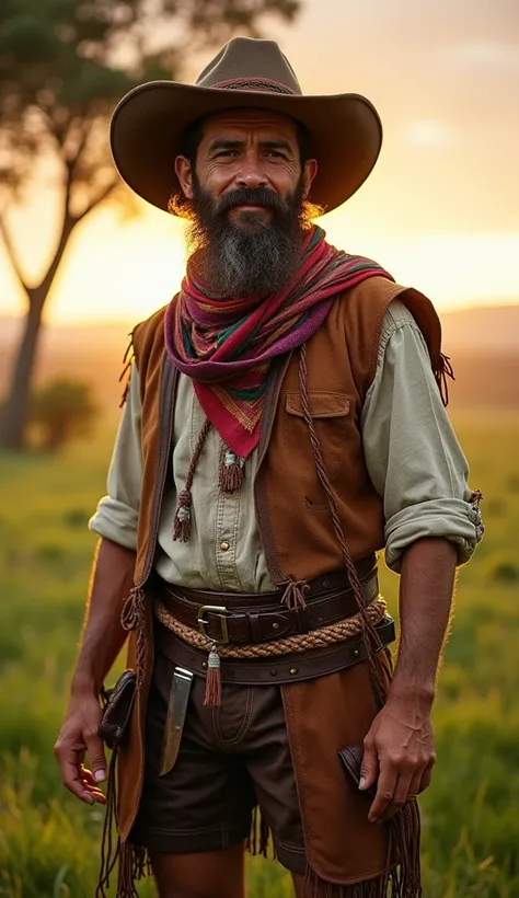  A realistic portrait of a bearded man wearing traditional Gaúcho costumes.  He wears a typical wide-brimmed hat ,  a colorful scarf around the neck ,  a wide leather belt with a knife , leather shorts and boots .  The man has striking facial features ,  a...