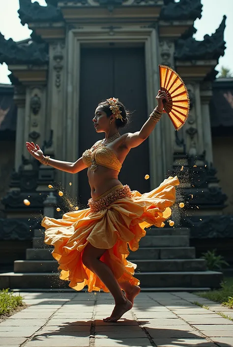 .reface crumpied effecct a balinesse dancer holding a fan with tempke as background, high contrast, splatter screen