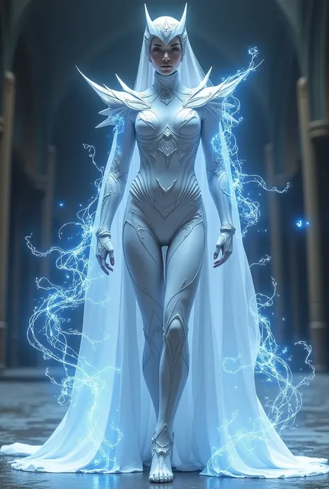 Create a full-body arcane costume for battle .  Its color is white and has blue energy traces all over its body. 