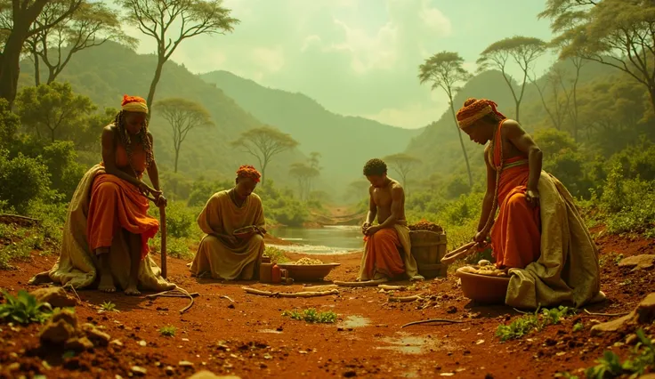 " cinematic image ,  in 4K depicting the beginnings of the first Africans in Africa and their customs.  The scene shows a group of four people in an ultra-realistic ancient village , with traditional clothing made of natural materials ,  as simple skins an...