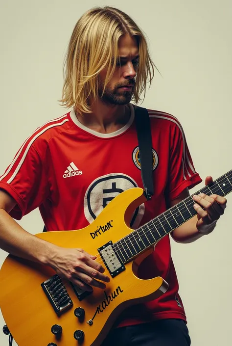 Nirvana , Kurt Cobain,  vocalist playing a guitar written BRAHUN in the guitar ,  and he wears a soccer  from Sport Club Internacional...