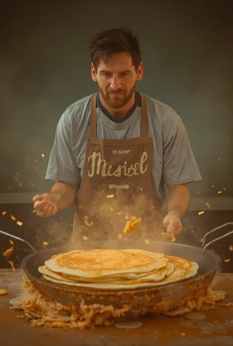 Lionel Messi Cooking Pancakes in a Giant Pan
"A hilarious scene of Lionel Messi standing in front of a comically large frying pan, flipping oversized pancakes. He’s wearing an apron with his name on it, with a concentrated look as pancakes fly into the air...