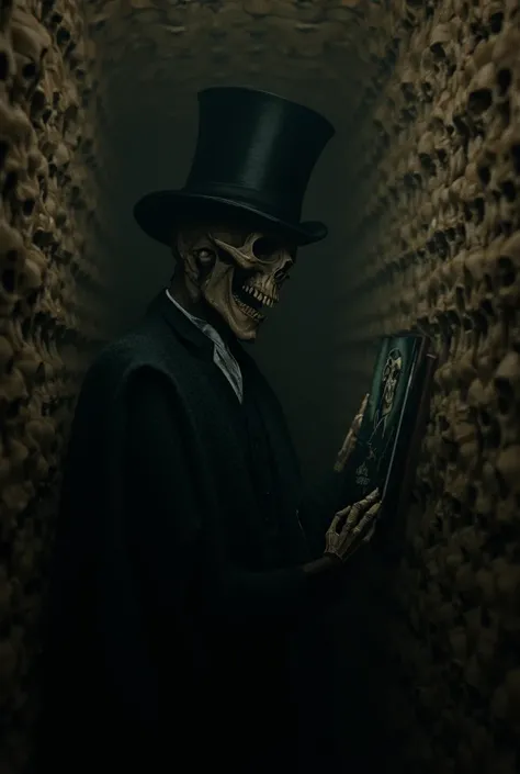 Create an image of a skull using top hats and clothing from the 1800s locked in a cell whose walls are made of human skulls and clothed skull is painting a picture of death 