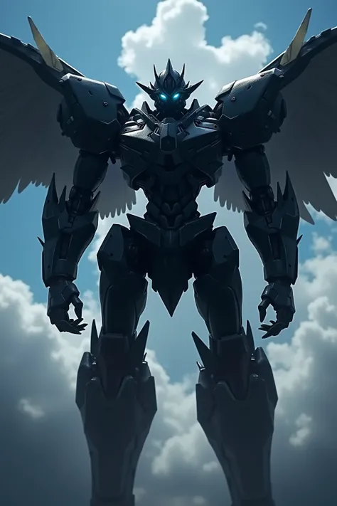 Mecha ,  Close Up  , flies , Clouds in the background , high , black metal ,  blue eyes  