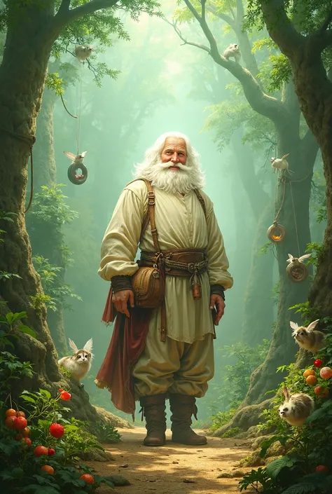 Santa Claus on vacation in the mystical forest of Feyrist, surrounded by enchanting creatures such fairys and fauns.
TIBIAWIKI
 He is dressed in casual medieval-inspired attire, including a loose linen shirt, simple trousers, and a small leather waist pouc...