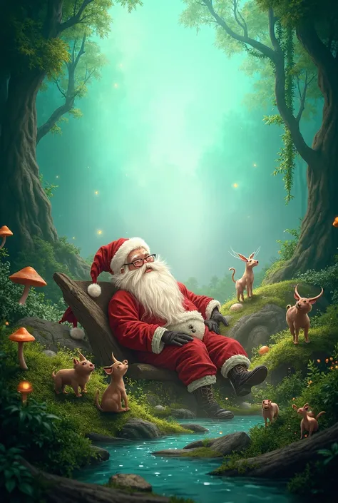 Santa Claus on vacation in the mystical forest of Feyrist, surrounded by enchanting creatures such fairys and fauns.
