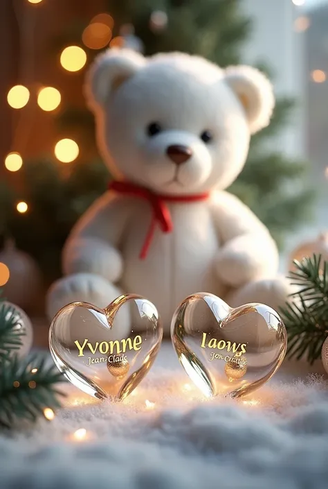 Deux boules de Noël transparent en forme de coeur avec une le prenom " Yvonne " et l autre prenom "Jean-Claude" dans un decor  de Noël ourson blanc 