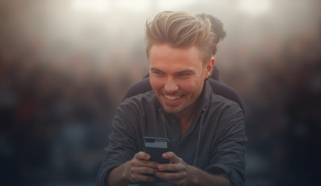 young European-looking guy with dark hair 18 years old,  looking cheerful and healthy , sits with a phone in his hands in a gray crowd of people.  He has a neat hairstyle ,  shiny eyes and a healthy face , clothes look trendy .  Everything around him looks...