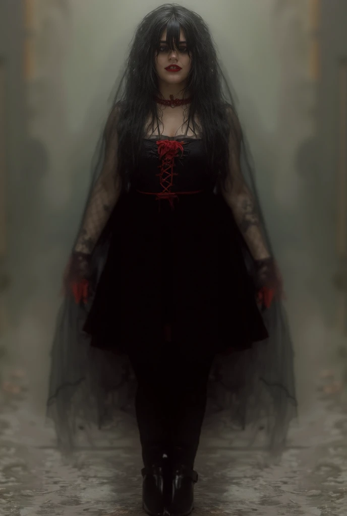 young goth woman in a black and red Lolita dress with black stockings and red gloves, with heavy black eye liner, full large red lips is walking. She suddenly stops as she feels herself suddenly becoming extremely fat