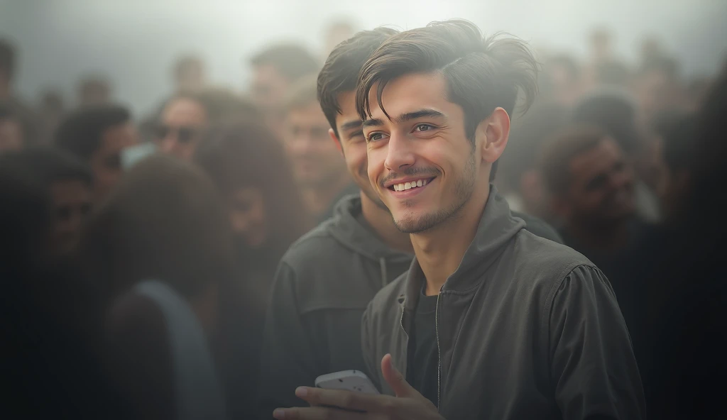 young European-looking guy with dark hair 18 years old,  looking cheerful and healthy , sits with a phone in his hands in a gray crowd of people.  He has a neat hairstyle ,  shiny eyes and a healthy face , clothes look trendy .  Everything around him looks...