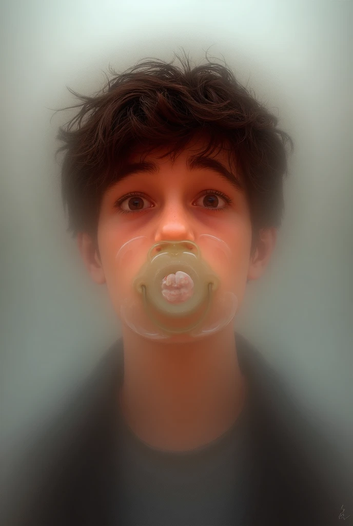 
Generate a teen boy with an adult pacifier hanging out of his mouth And we can see the pacifier teeth