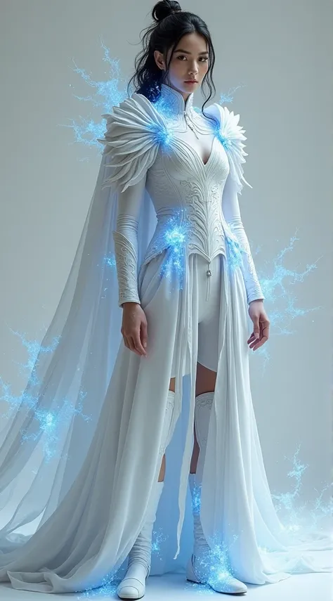  Create a full-body FEMININE arcane costume for WAR. His color is white and he has traces of blue energy all over his body attached to all his clothes.
Make it FUNCTIONAL FOR BATTLE and keep your hair tied.