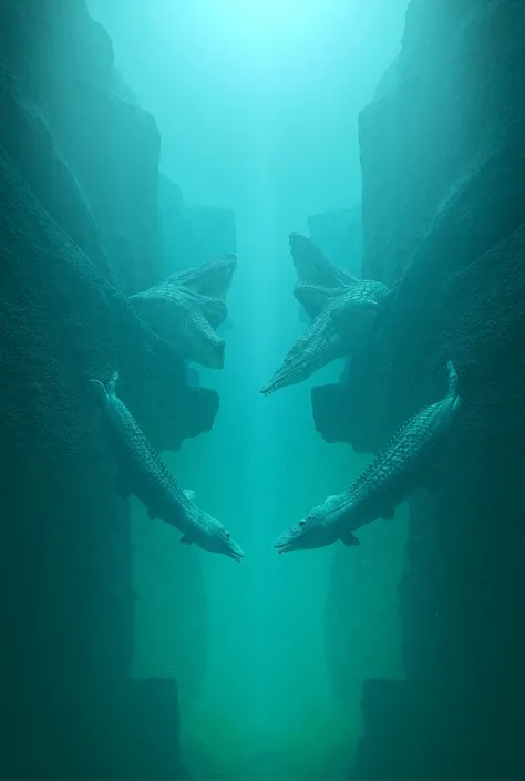 sharks and crocodiles face each other between monuments, in an aquarium, the focus of the object remains