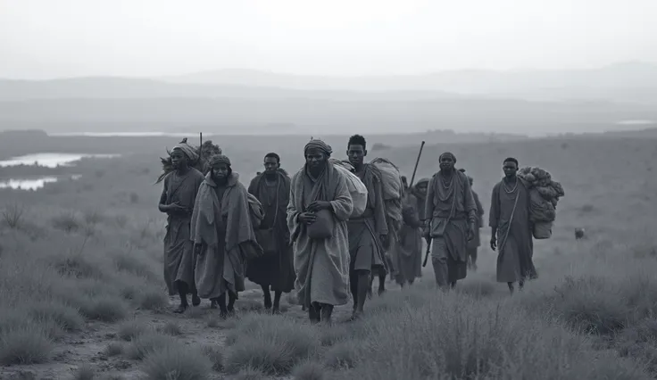 " cinematic image ,  4k scene of a group of African nomads hiking in search of new land . The ultra realistic black and white ,  shows the nomads carrying their belongings and wearing traditional clothing made from natural furs and fabrics.  They are cross...