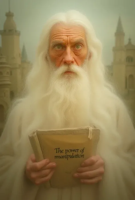 A wise man with a white linen tunic ,  white hair and a long beard and green eyes holding a book with “the power of manipulation” written on the cover and far from seeing a great medieval city behind the philosopher described