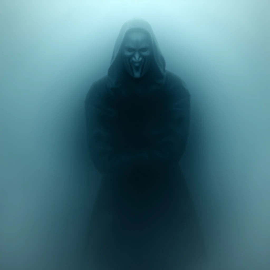 mortle combat girl nun in black suit 
without a visible face wearing a white mask
in the fog
