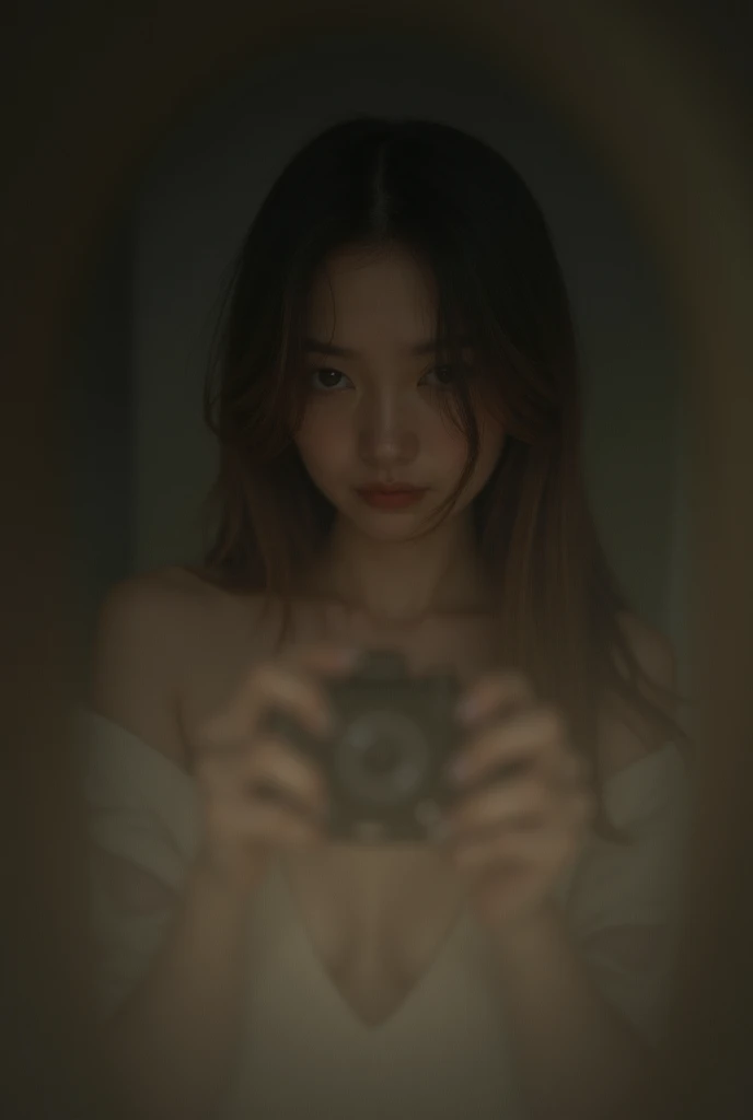 A realistic girl taking a picture in the mirror 