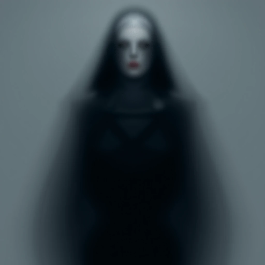 mortle combat girl nun in black suit 
without a visible face wearing a white mask
with a grey-looking background of great stature 
looks directly at the camera

