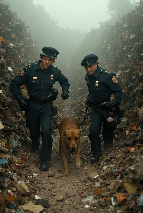 Police officers rescue the dog In the Garbage Dump