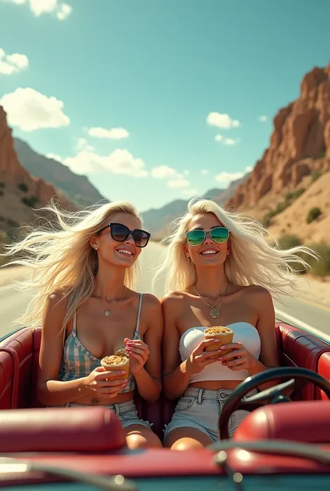 A beautiful Instagram model with white long hair and green eyes and her beautiful friend enjoying a spontaneous road trip: The two friends cruise down an open highway in a convertible, hair blowing in the wind, wearing sunglasses and casual outfits, as the...