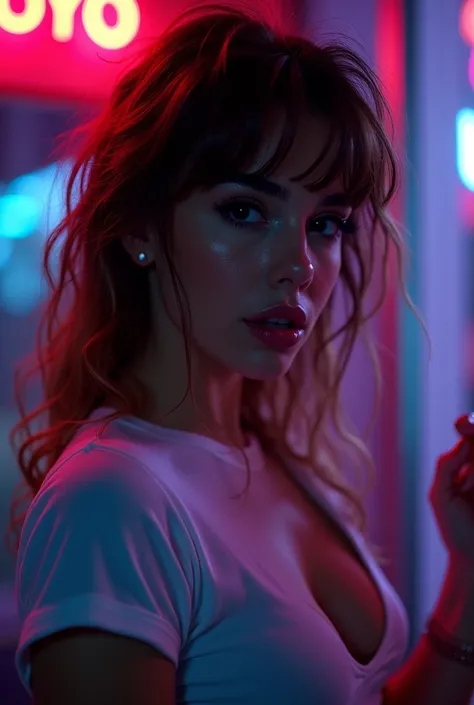 white trailer trash, scattered hair, as she leans forward tugging her tshirt down, giving a peak, mascara, portrait, neon, rear projection, silhouette