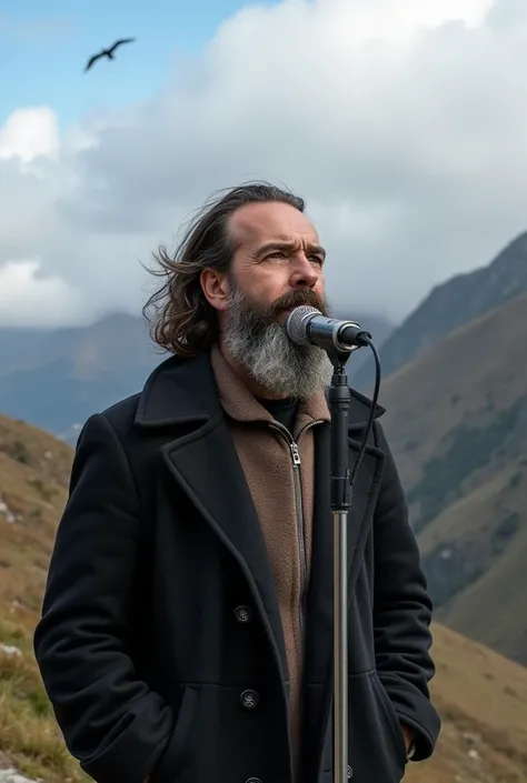 Bearded man in full coats of Gaúcho ,  holding a silver microphone singing and the camera focusing from the shoulder up , he is in some mountains of Rio Grande do Sul with white clouds passing by and some birds flying.