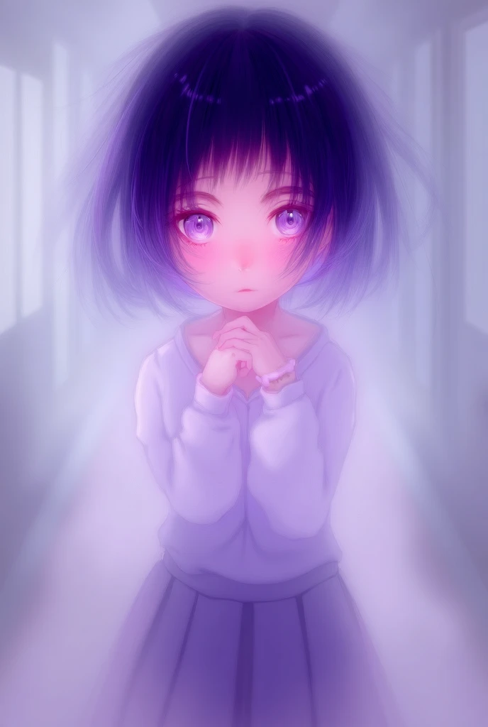  Generate a feminine anime girl with purple locks on her hair but the rest black.  Short hair that doesnt go over the shoulder , schoolgirl outfit and purple eyes 