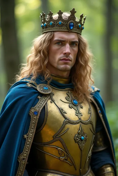 (FULL BODY PHOTOS )  in a green forest in the morning a handsome king with fair skin and full of freckles , very blue eyes, barba mediana,  huge angelic and golden hair reaching up to your knees ,  had a sculptural and athletic body measuring 3 meters tall...