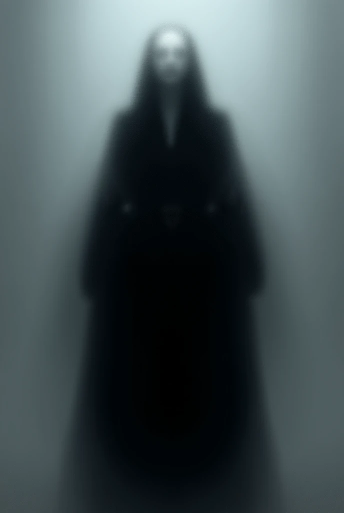 mortle combat girl nun in black suit 
without a visible face wearing a white mask
with grey back fog in a dim setting
great stature 
looks directly at the camera
stands upright
broad


