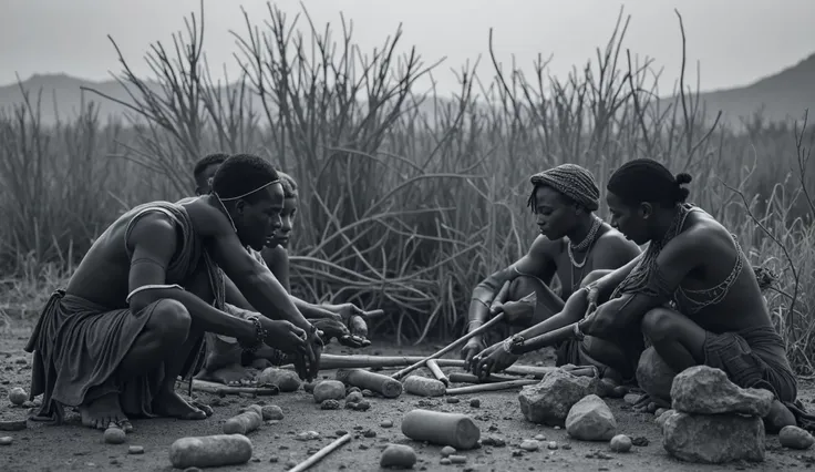 " cinematic image ,  in 4k of Africans making spears . The black and white scene ,  shows a group of three Africans in a village ,  working skilfully to create spears using natural materials , like wood and stone. They are focused on the ultra realistic ta...