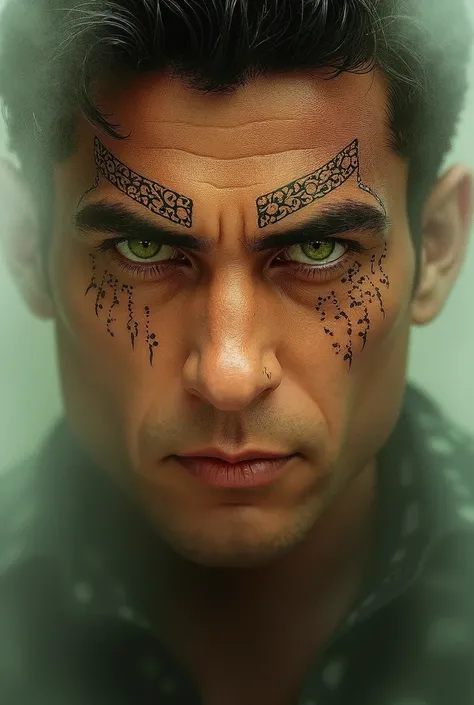 Catchy green eye,  ultra-detailed, high quality, MARKINGS , of a man,  thick brow 