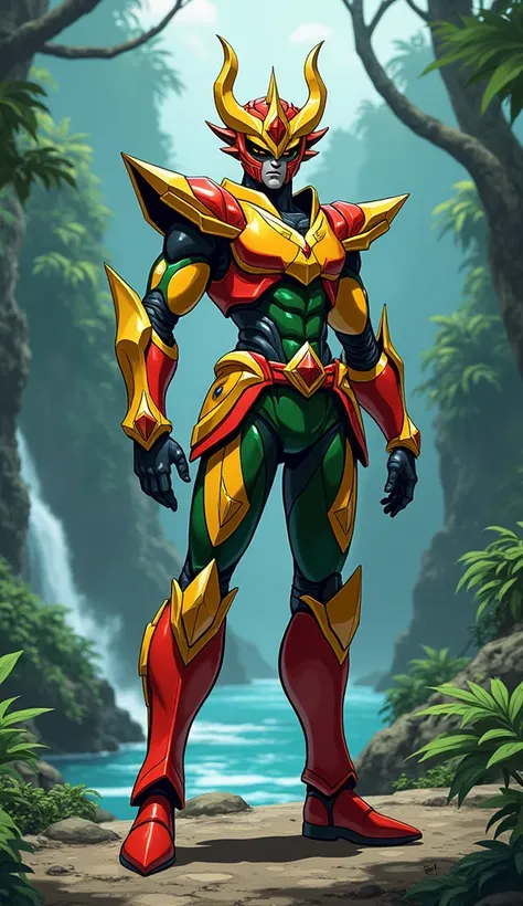  Imagine a character from the cartoon Saint Seiya ,  with armor and clothes in the colors of the flag and elements inspired by Guyana. Anime style from the series Saint Seiya .