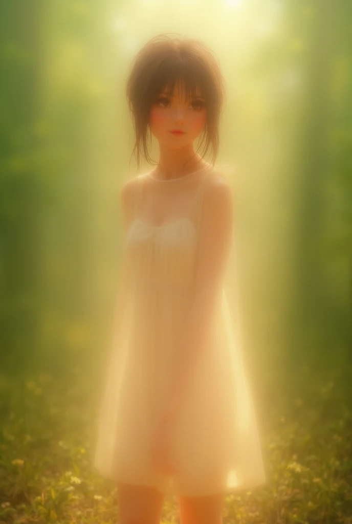  Very realistic ， very high definition ，Top quality，Best quality，8k， raw pictures ， super detailed ， highly accurate ，( An amazingly cute Japanese girl)， The whole body ，1 person， I face forward ， An early morning in the forest ， The bright rays of the sun...