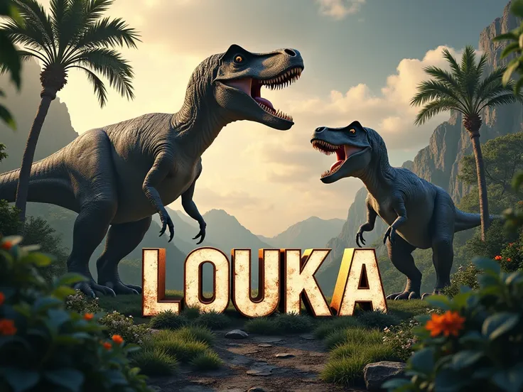 Créer une affiche ultra réaliste et détaillé en 4k avec une écriture lettre par lettre "LOUKA " EN FRANÇAIS ET EN MAJUSCULES. Les lettres doivent être bien visibles. Thème DINOSAURES