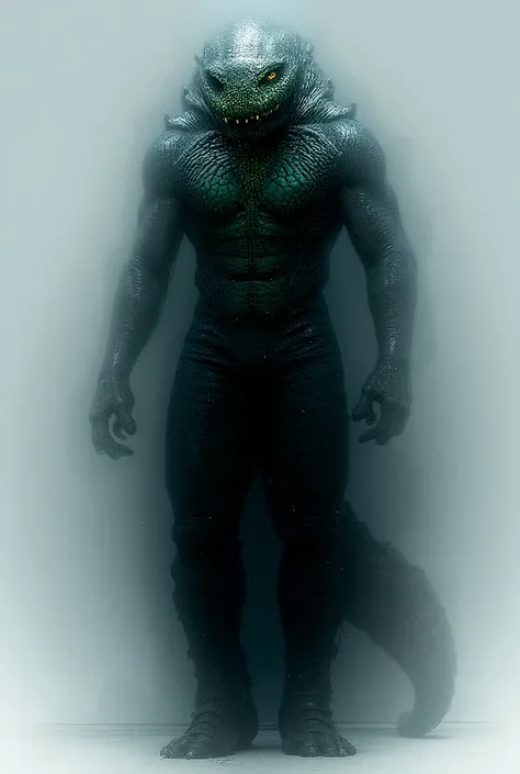 A 7-foot humanoid with an athletic, lean build, covered in tough, alligator-like scales in dark green and grey. His body is sleek, with muscular yet agile limbs and a long, powerful tail. His face is a fusion of human and alligator traits: the structure is...