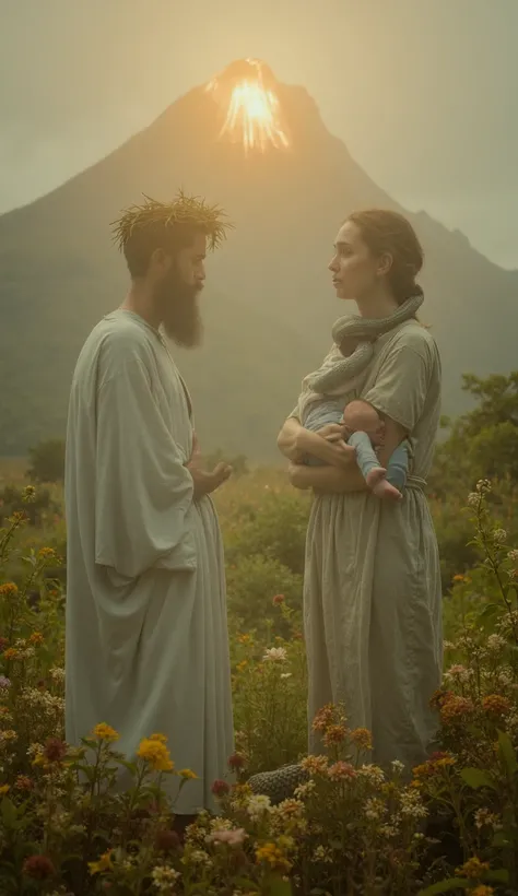 A man resembling Jesus Christ wears a simple white robe and a crown of thorns. He is standing watching a woman who is standing and carrying a newborn baby in her arms. The baby is dressed in a light blue shirt and pants and sleeps peacefully. Next to Jesus...