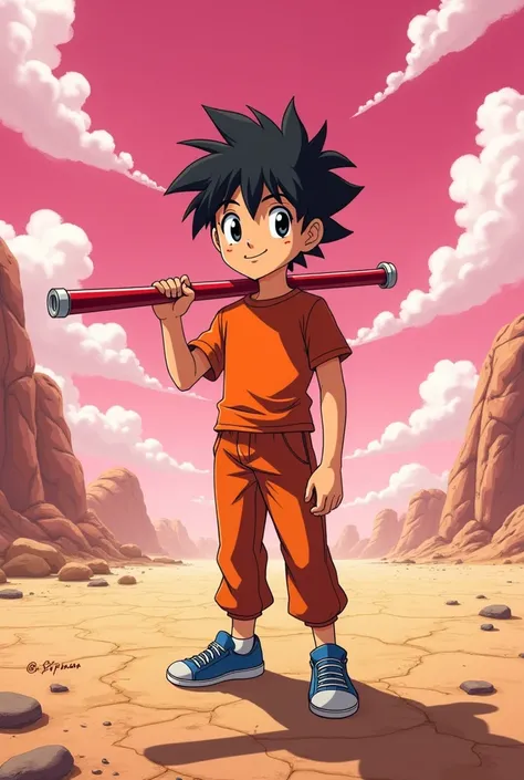  The boy shows a vibrant and vibrant appearance full of energy .  His short black hair is messy ,  giving a youthful and adventurous air ,  while his black eyes shine with determination and joy .  He is wearing a well-fitting short-sleeve orange shirt ,  h...